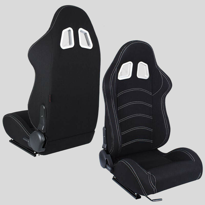 Pair of sports bucket seats in black fabric with white stitching N180 