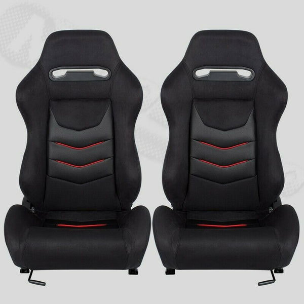 Pair of sports bucket seats in black fabric/alcantara with red inserts N650 