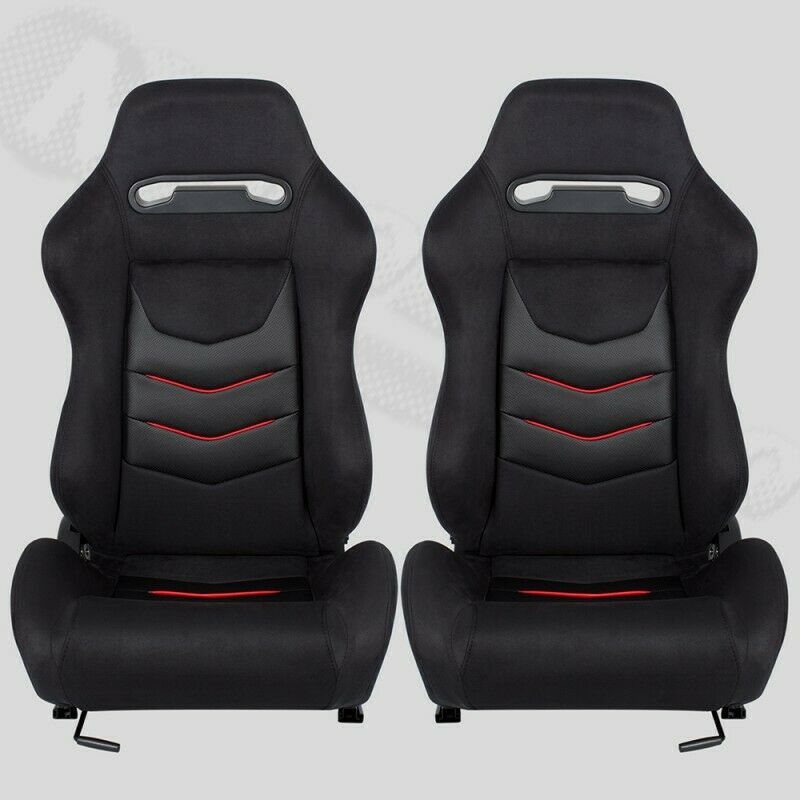 Pair of sports bucket seats in black fabric/alcantara with red inserts N650 