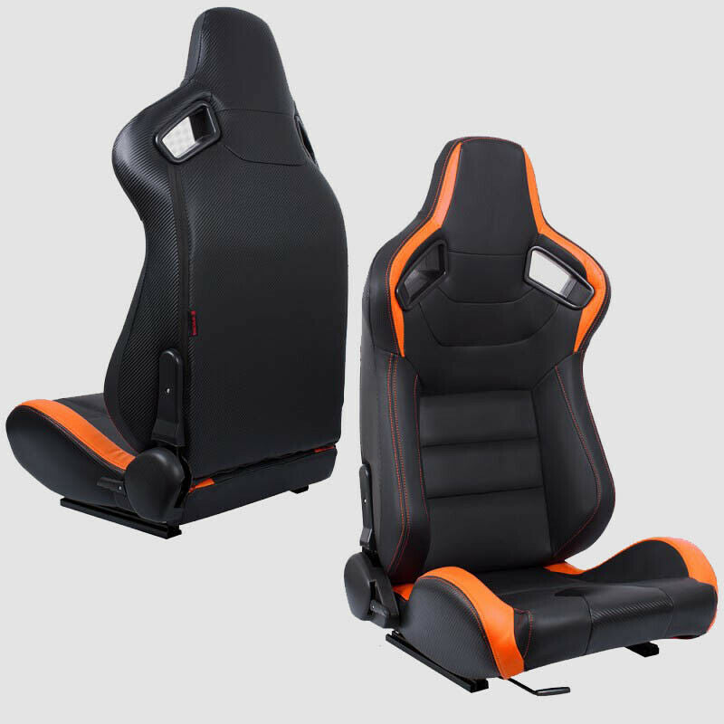 Pair of wraparound car sports seats in black orange carbon look leather N730 