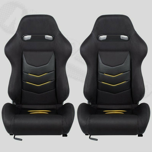 Pair of sports bucket seats in black alcantara fabric with yellow inserts N651 