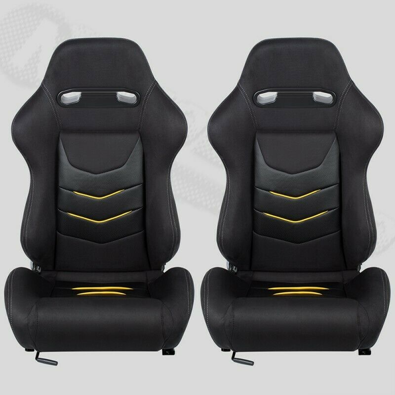 Pair of sports bucket seats in black alcantara fabric with yellow inserts N651 