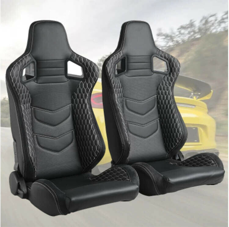 Pair of Recaro Replica sports seats with reclining wraparound car, black PVC leather 