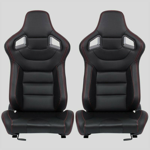 Pair of sports wraparound car seats in black leather with red stitching and carbon look inserts N705 