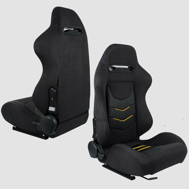 Pair of sports bucket seats in black alcantara fabric with yellow inserts N651 