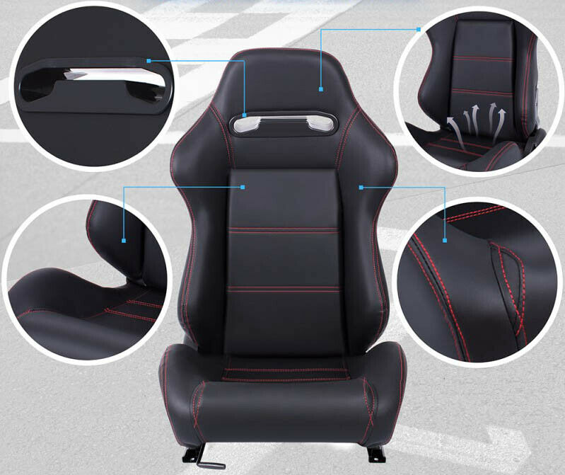 Pair of wraparound sports car seats in black leather with red stitching N360 