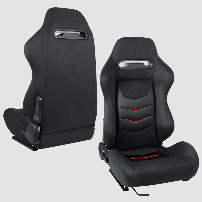 Pair of sports bucket seats in black fabric/alcantara with red inserts N650 