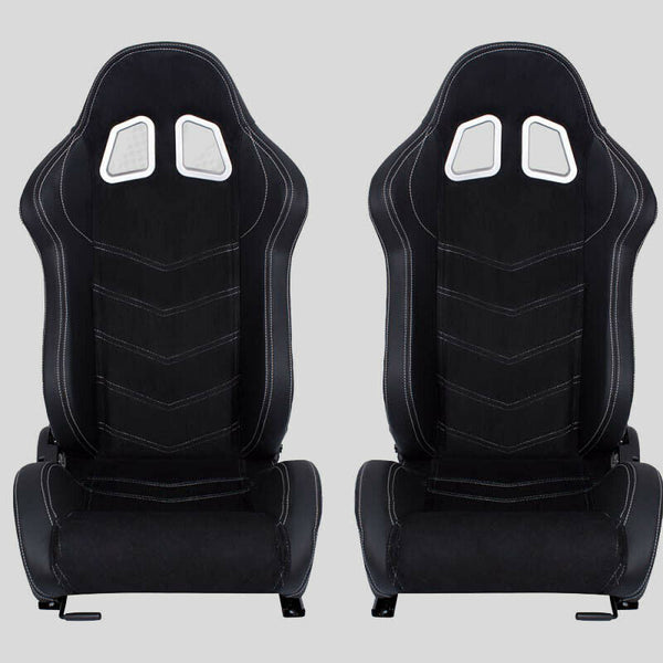 Pair of black leather alcantara sports wraparound car seats with white stitching N320 