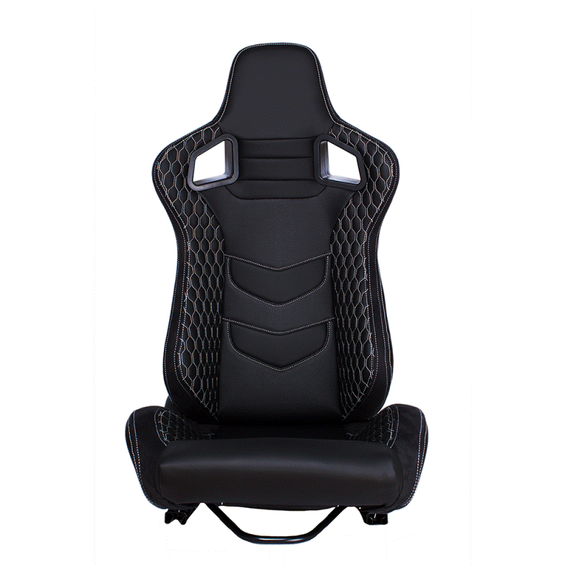 Pair of sports bucket seats in black leather with white stitching N715 