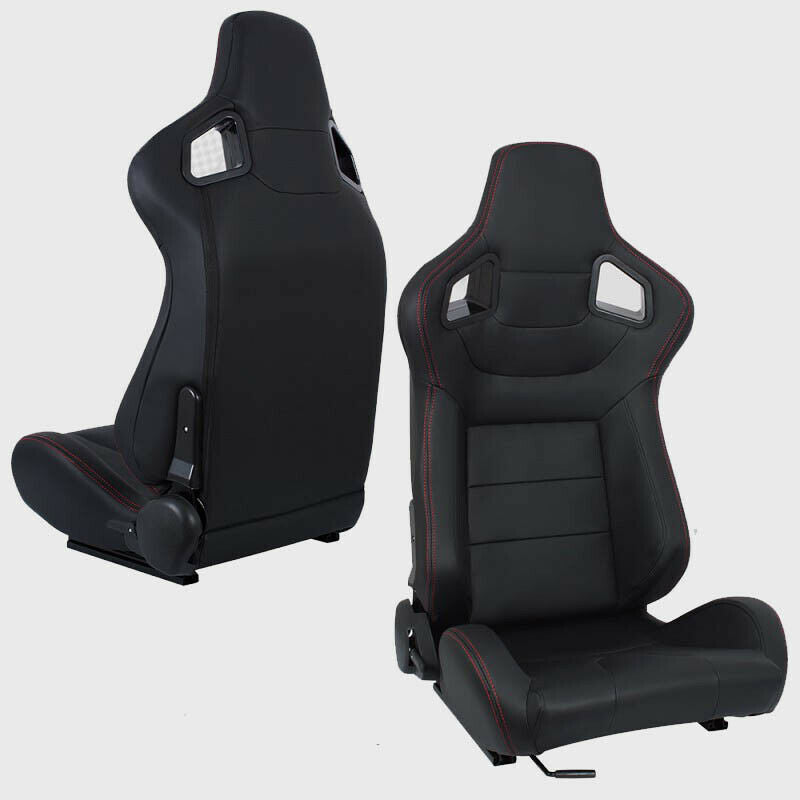 Pair of sports car seats in black leather with red stitching N701 replica Recaro 