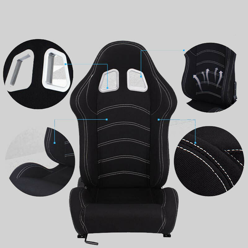 Pair of sports bucket seats in black fabric with white stitching N180 