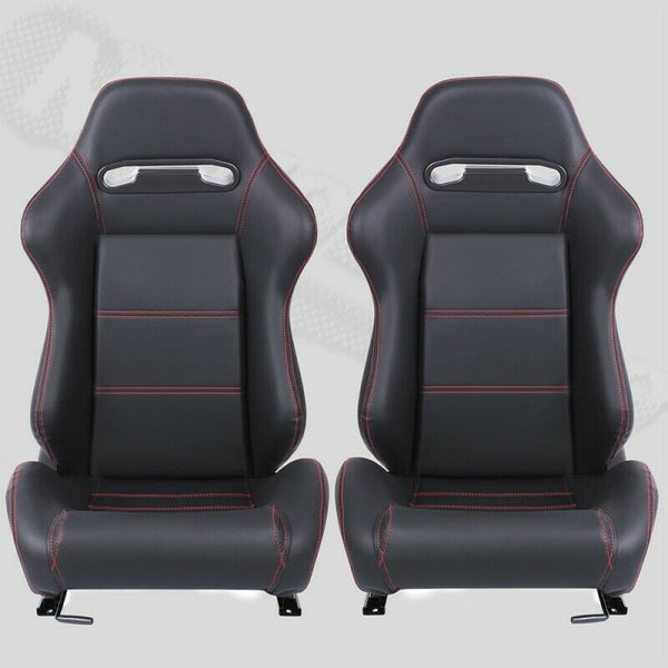 Pair of wraparound sports car seats in black leather with red stitching N360 