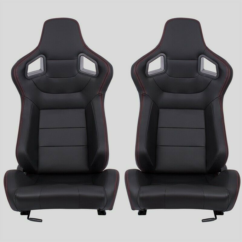 Pair of sports car seats in black leather with red stitching N701 replica Recaro 