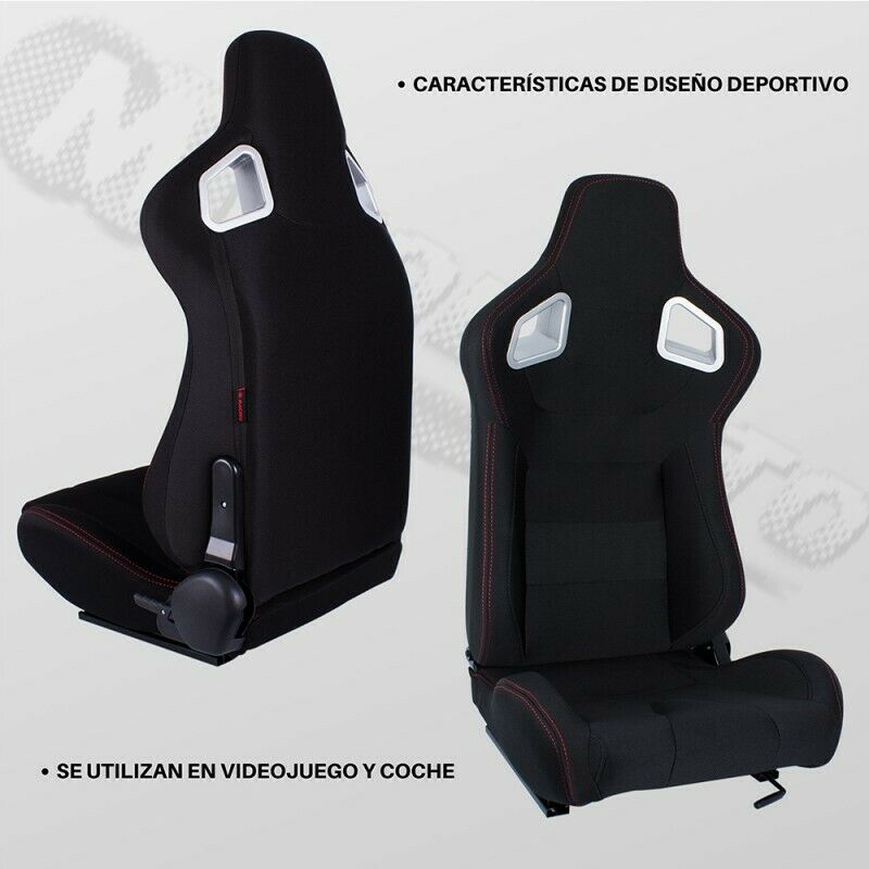 Pair of wraparound sports car seats in black canvas with red stitching N780 