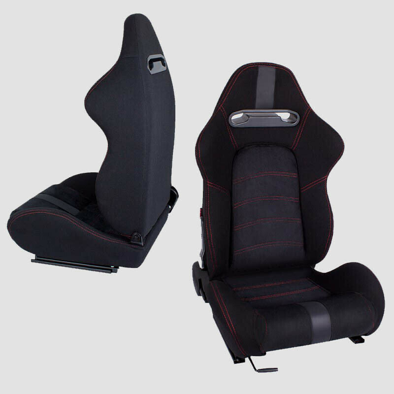 Pair of black Alcantara sports wraparound car seats with red stitching N300 