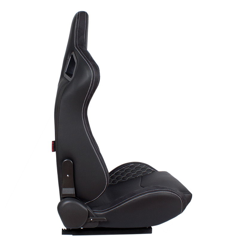 Pair of sports bucket seats in black leather with white stitching N715 