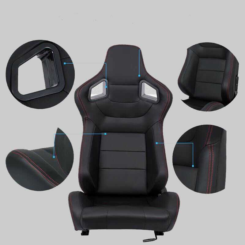 Pair of sports car seats in black leather with red stitching N701 replica Recaro 