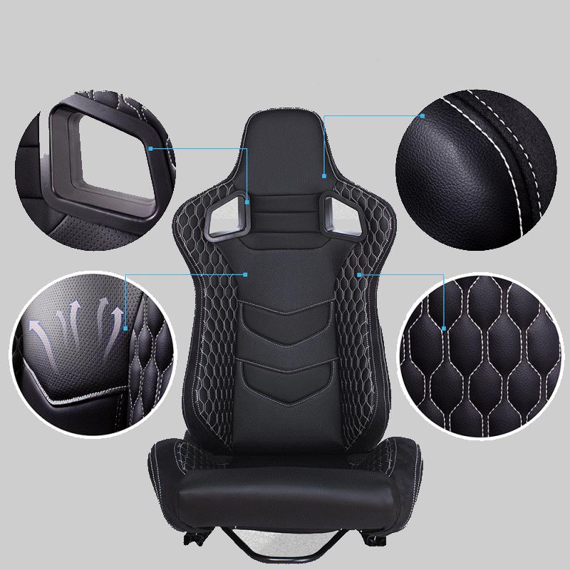 Pair of sports bucket seats in black leather with white stitching N715 