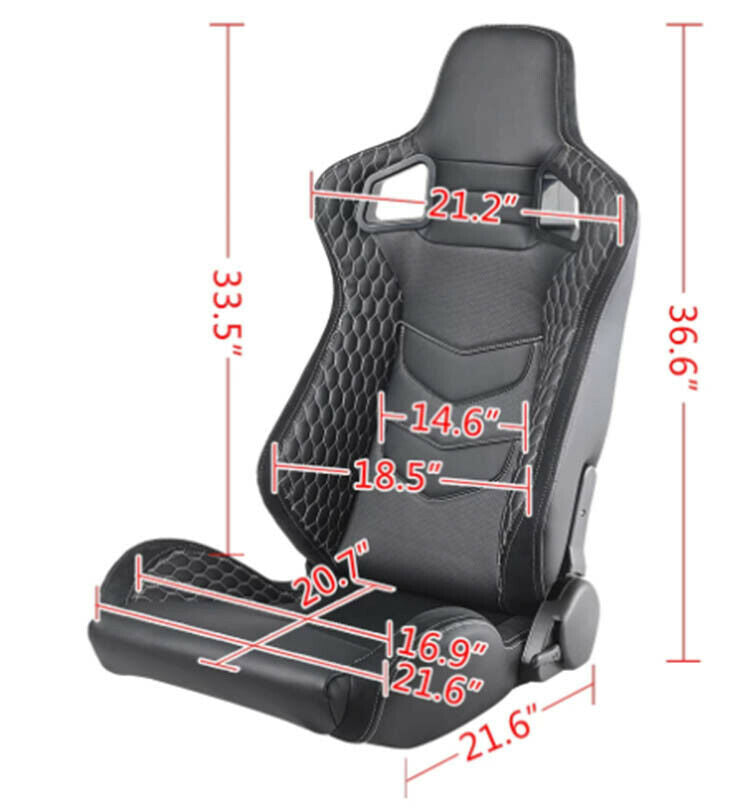 Pair of Recaro Replica sports seats with reclining wraparound car, black PVC leather 