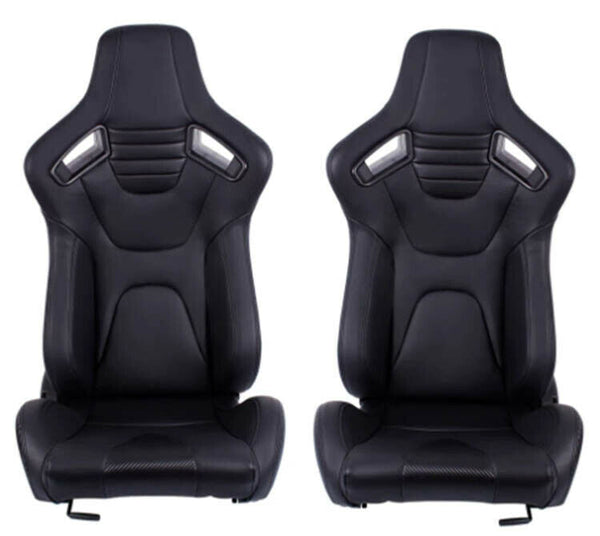 Pair of adjustable Recaro Replica sports bucket seats in black leather N775 