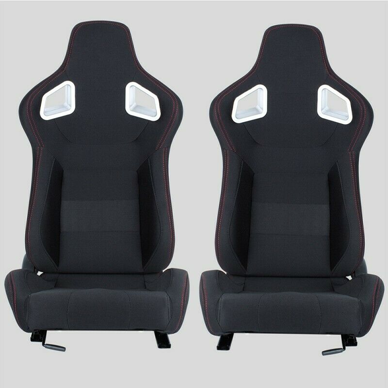 Pair of wraparound sports car seats in black canvas with red stitching N780 