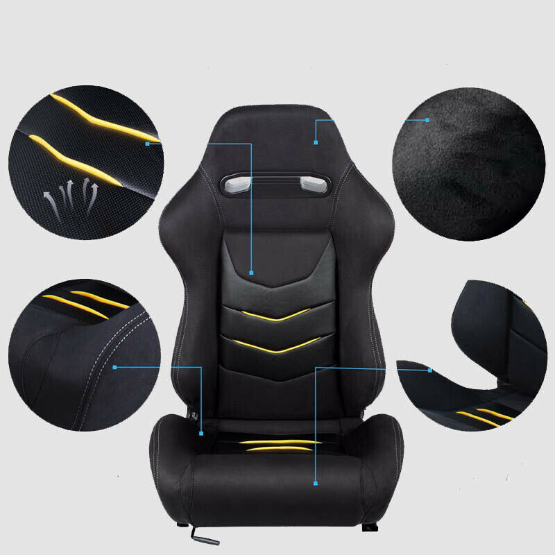 Pair of sports bucket seats in black alcantara fabric with yellow inserts N651 