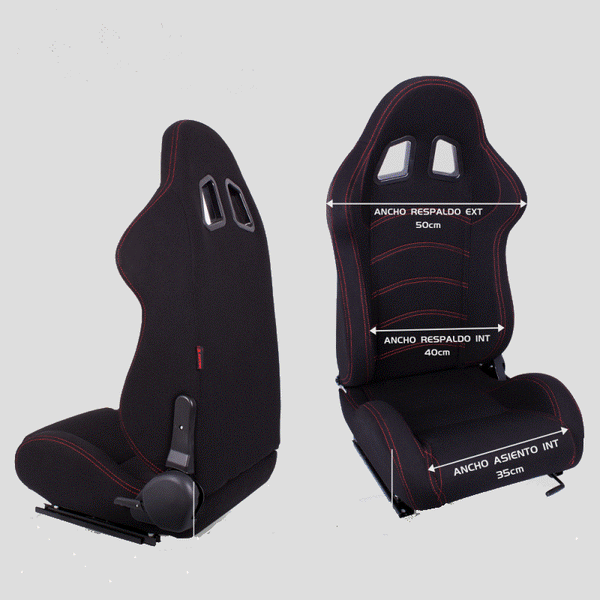 Pair of sports bucket seats in black fabric with red stitching N190 