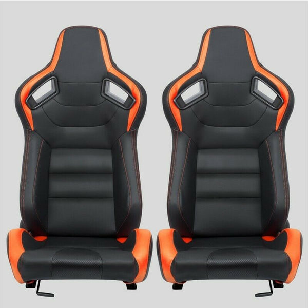 Pair of wraparound car sports seats in black orange carbon look leather N730 