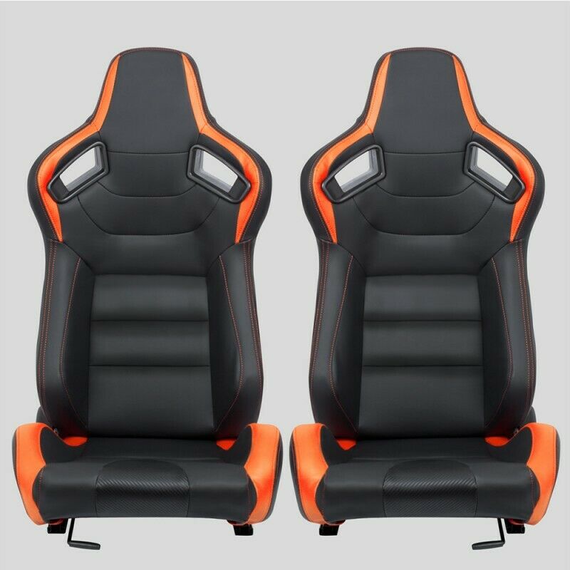 Paire de sièges sport auto enveloppants en cuir aspect carbone noir orange N730 