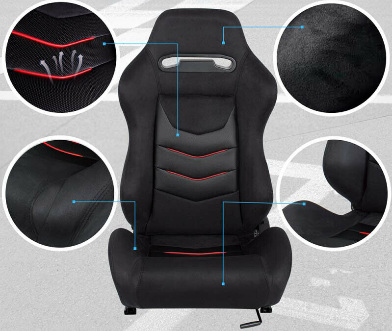 Pair of sports bucket seats in black fabric/alcantara with red inserts N650 