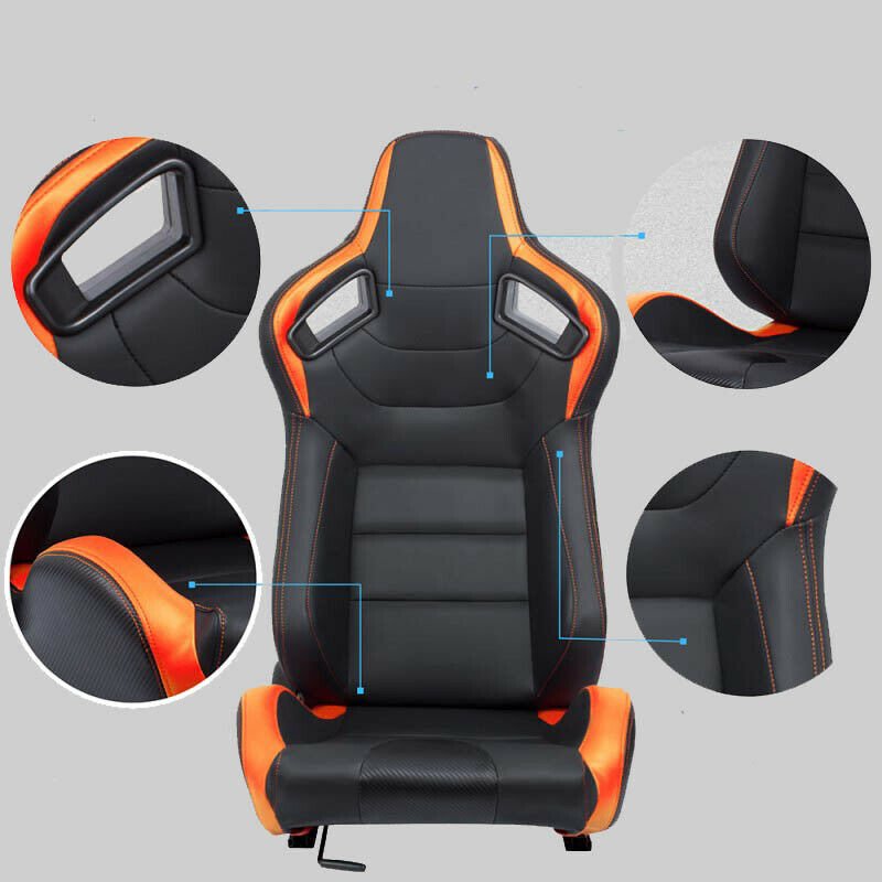 Pair of wraparound car sports seats in black orange carbon look leather N730 