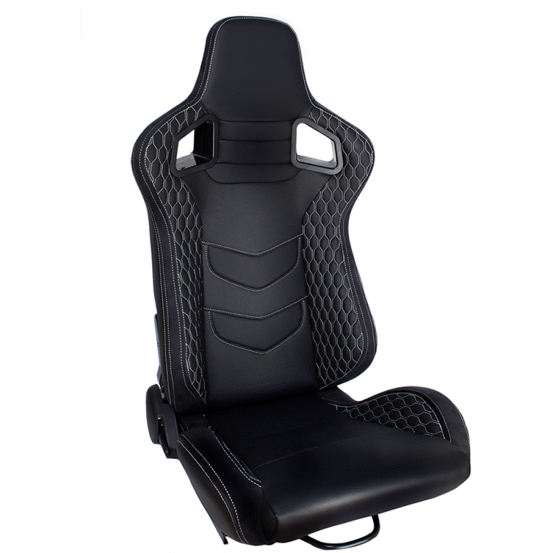 Pair of sports bucket seats in black leather with white stitching N715 