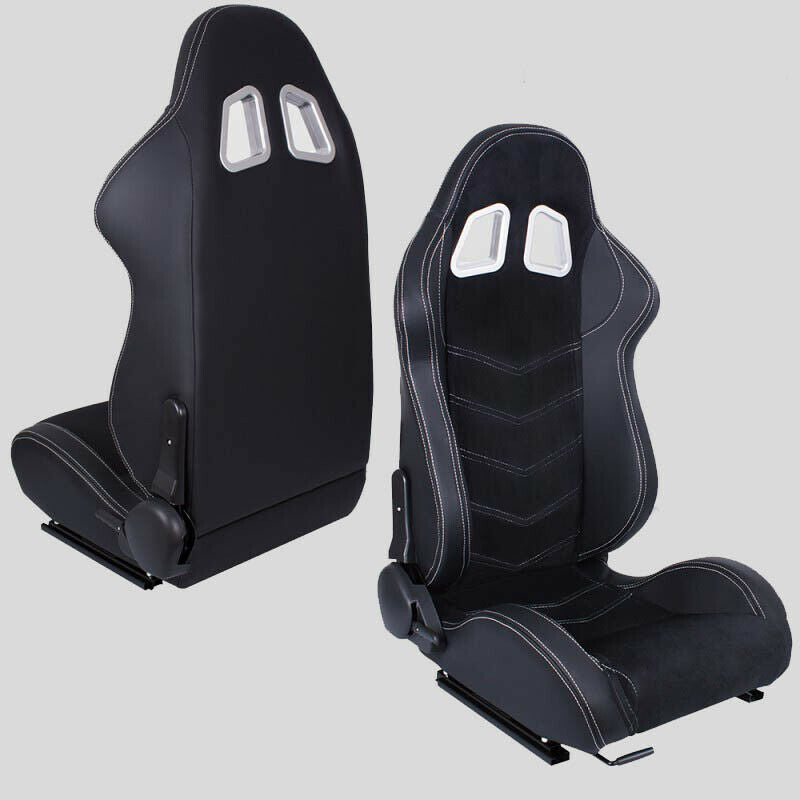 Pair of black leather alcantara sports wraparound car seats with white stitching N320 