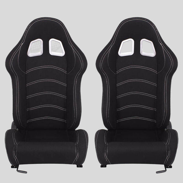 Pair of sports bucket seats in black fabric with white stitching N180 