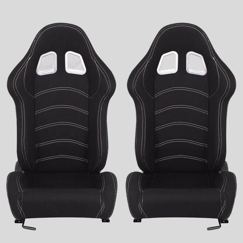 Pair of sports bucket seats in black fabric with white stitching N180 