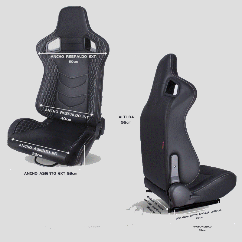 Pair of sports bucket seats in black leather with white stitching N715 