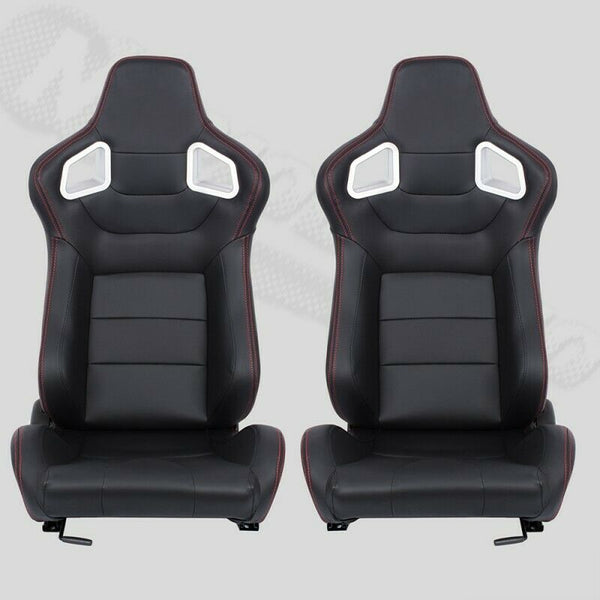 Pair of sports bucket seats in black leather with red stitching N700 