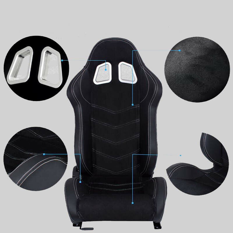 Pair of black leather alcantara sports wraparound car seats with white stitching N320 