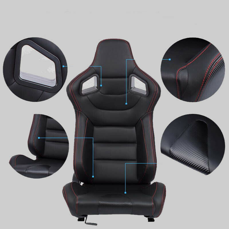 Coppia Sedili sportivi avvolgenti auto in pelle nero con cuciture rosse inserti carbon look N705