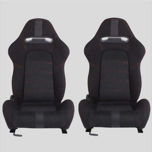 Pair of black Alcantara sports wraparound car seats with red stitching N300 