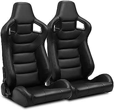 Pair of black Recaro replica leather car bucket sports seats with N710 guides 