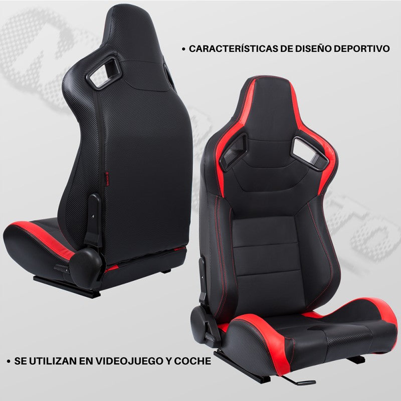 Pair of wraparound sports car seats in black and red carbon look leather N770 