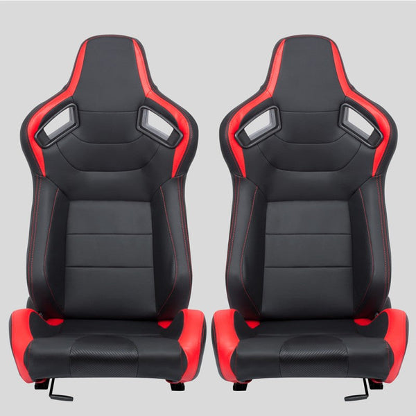 Pair of wraparound sports car seats in black and red carbon look leather N770 